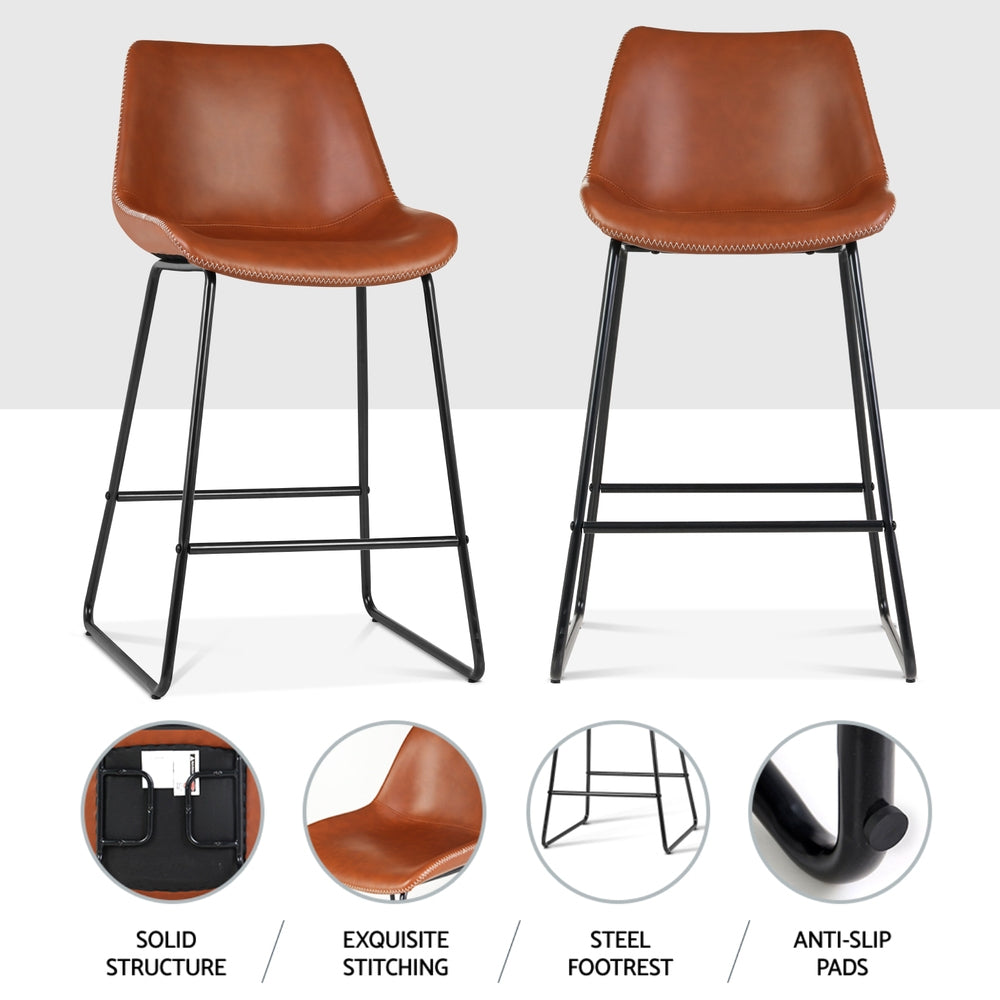 4x Bar Stools | Leather Padded | Metal Legs | Brown