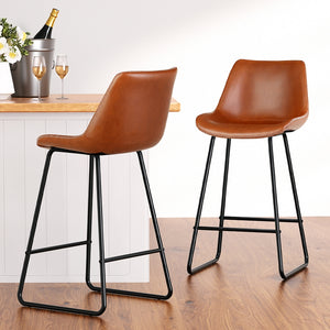 4x Bar Stools | Leather Padded | Metal Legs | Brown