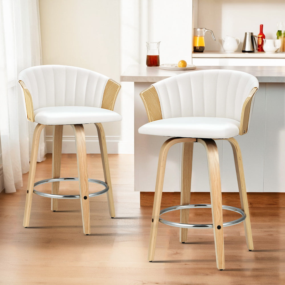4x Bar Stools | Swivel Leather Chairs | Wooden Frame