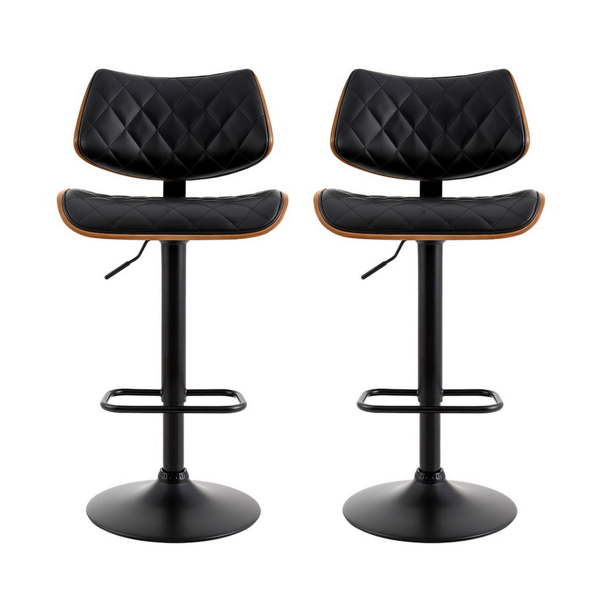 2x Bar Stools | Kitchen Dining Chairs | Gas Lift Stool | Wooden Leather | Black