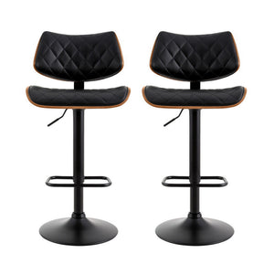 2x Bar Stools | Kitchen Dining Chairs | Gas Lift Stool | Wooden Leather | Black