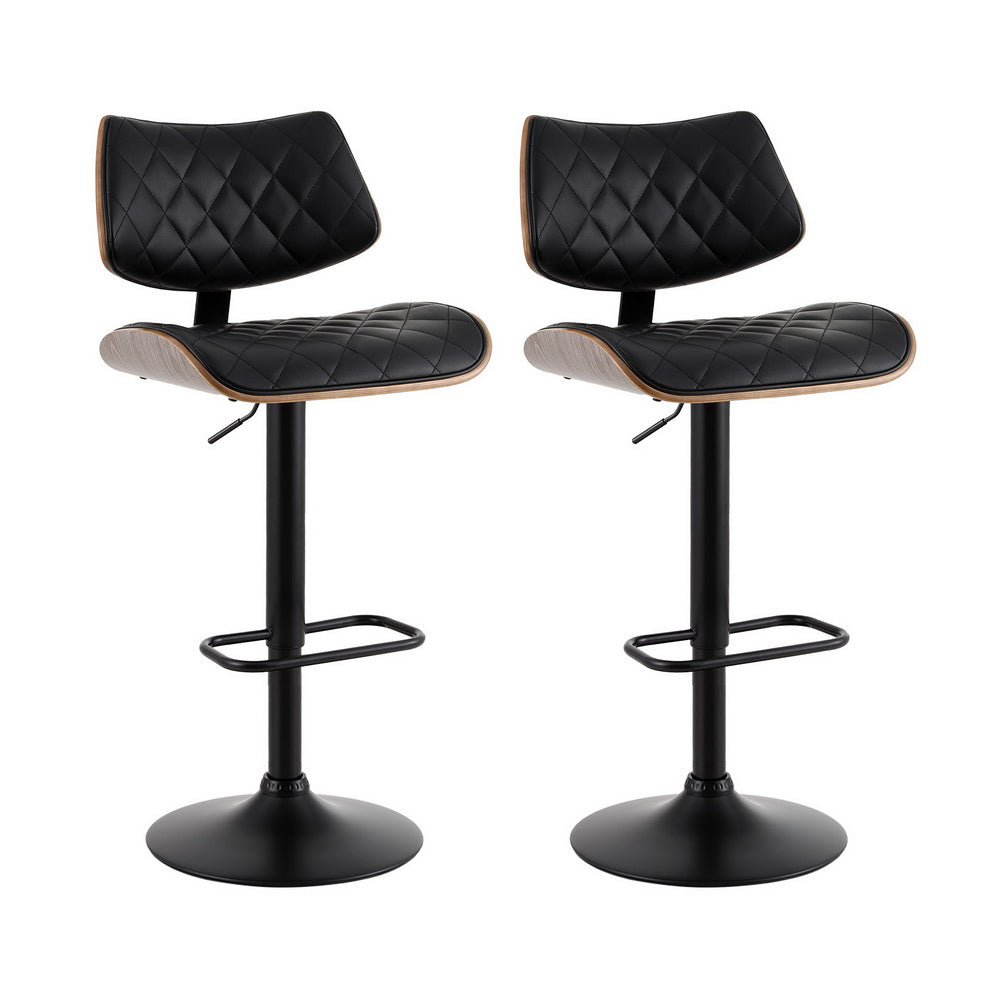2x Bar Stools | Kitchen Dining Chairs | Gas Lift Stool | Wooden Leather | Black
