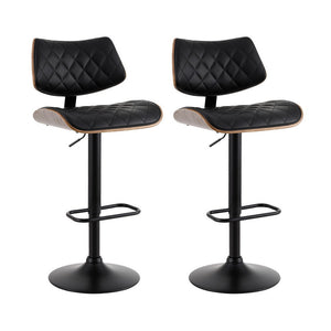 2x Bar Stools | Kitchen Dining Chairs | Gas Lift Stool | Wooden Leather | Black