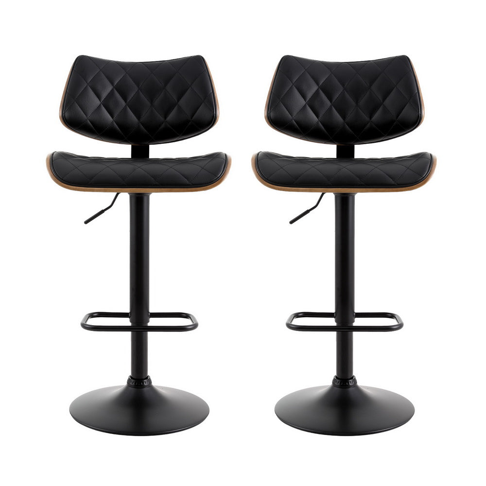 2x Bar Stools | Kitchen Dining Chairs | Gas Lift Stool | Wooden Leather | Black