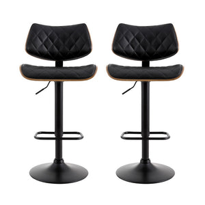 2x Bar Stools | Kitchen Dining Chairs | Gas Lift Stool | Wooden Leather | Black