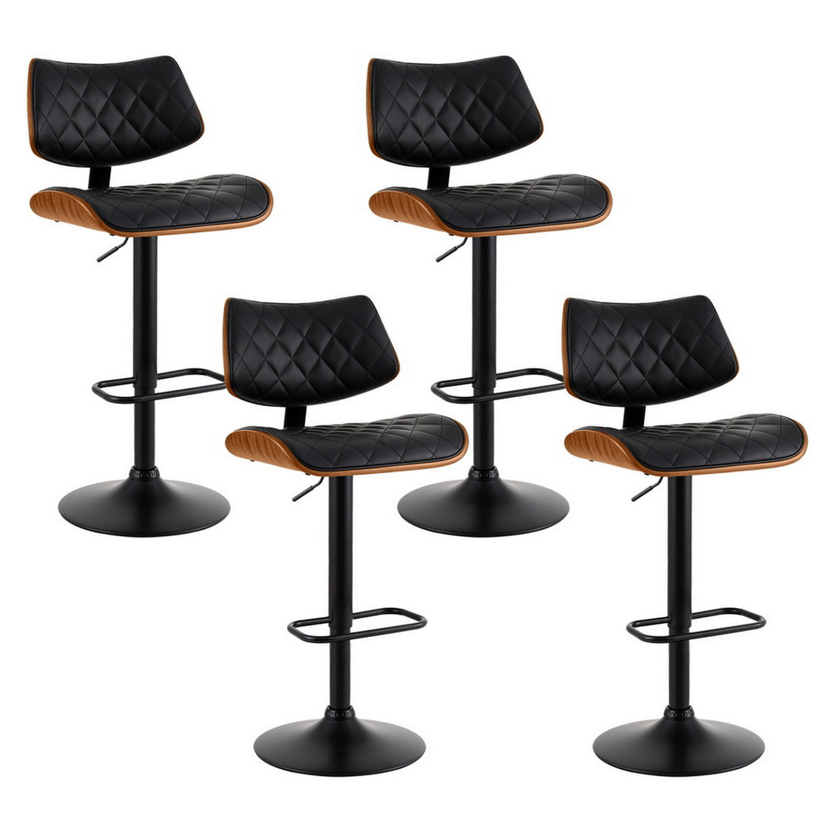 4x Bar Stools | Kitchen Dining Chairs | Gas Lift Stool | Wooden Leather | Black
