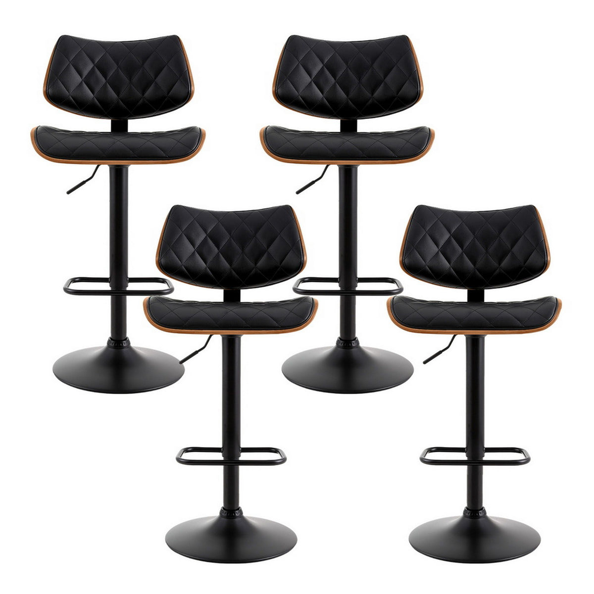 4x Bar Stools | Kitchen Dining Chairs | Gas Lift Stool | Wooden Leather | Black