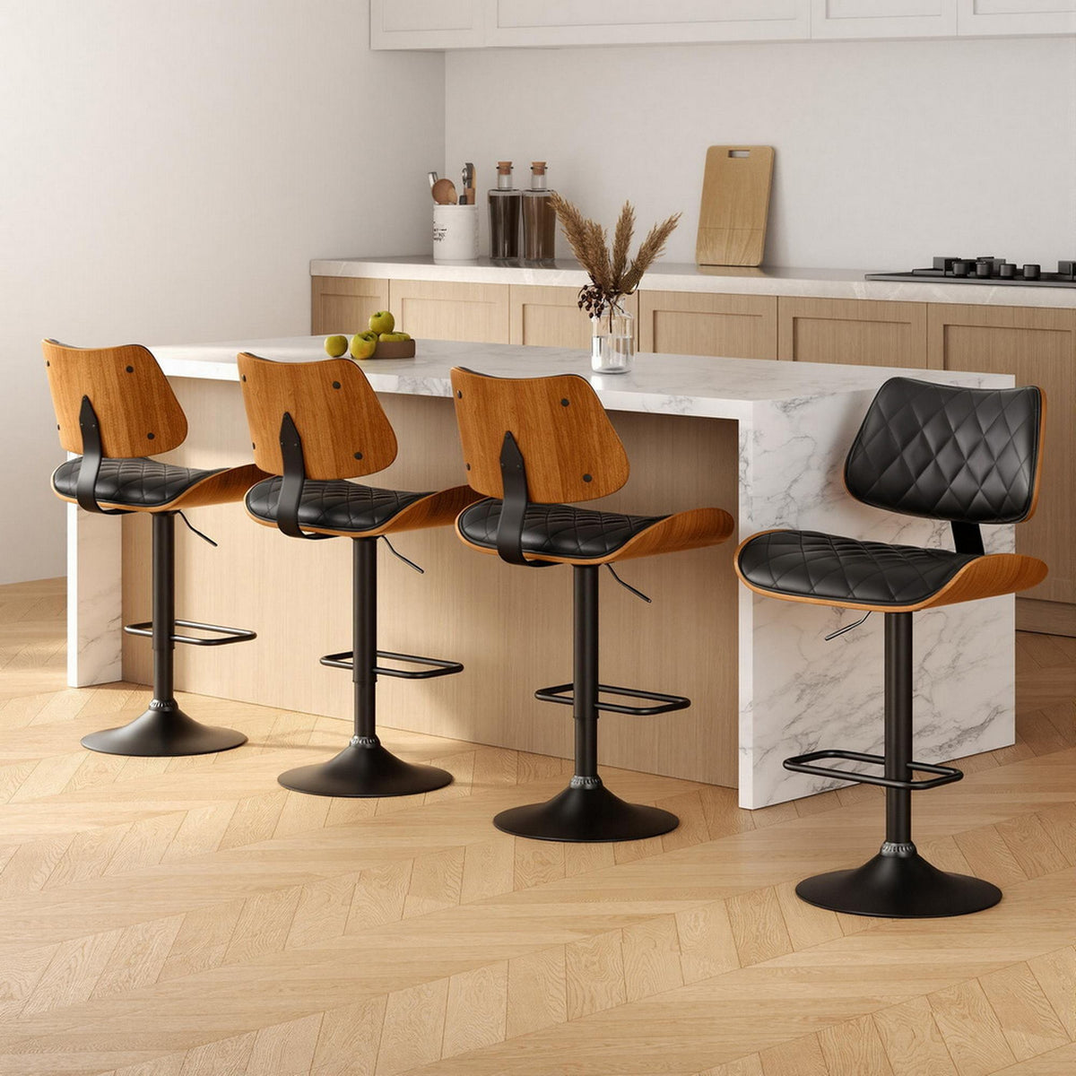4x Bar Stools | Kitchen Dining Chairs | Gas Lift Stool | Wooden Leather | Black