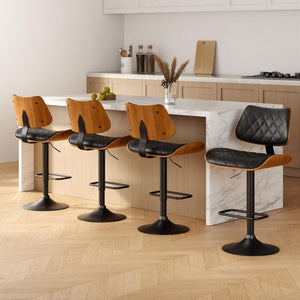 4x Bar Stools | Kitchen Dining Chairs | Gas Lift Stool | Wooden Leather | Black