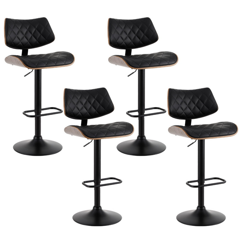 4x Bar Stools | Kitchen Dining Chairs | Gas Lift Stool | Wooden Leather | Black