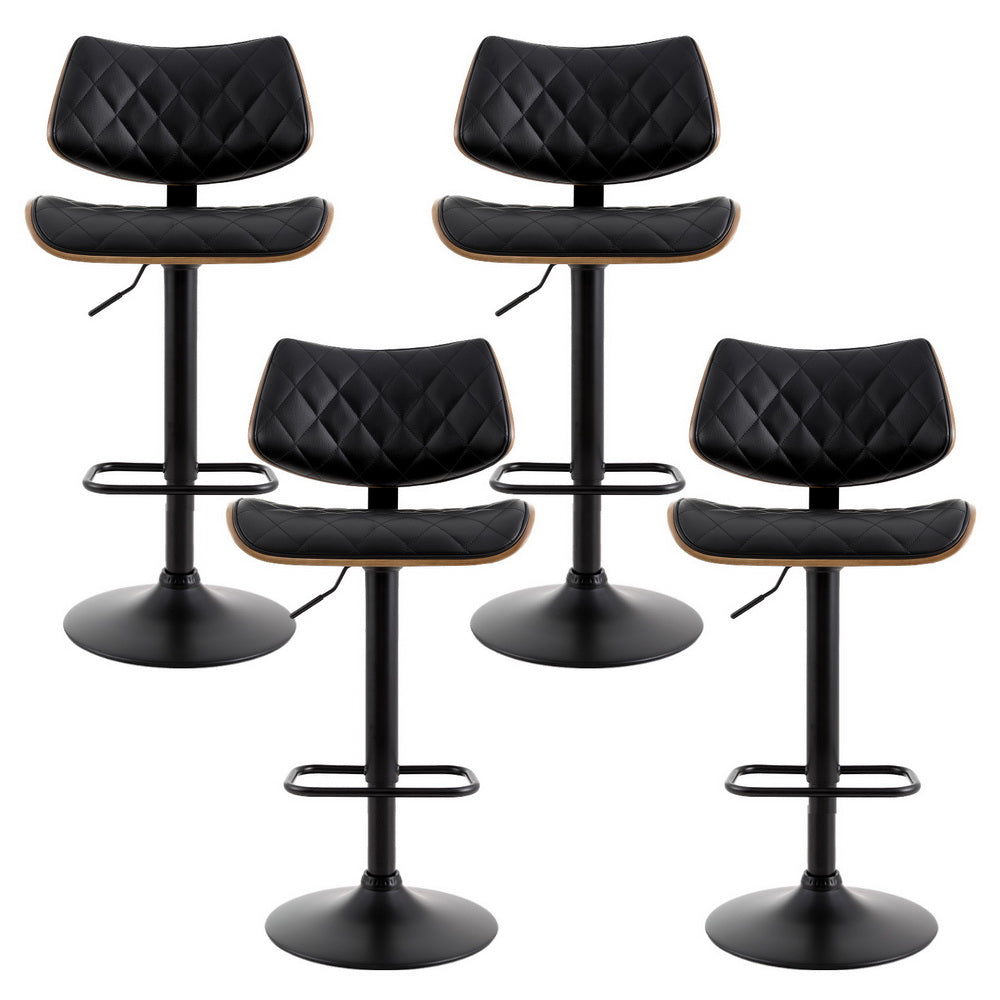 4x Bar Stools | Kitchen Dining Chairs | Gas Lift Stool | Wooden Leather | Black