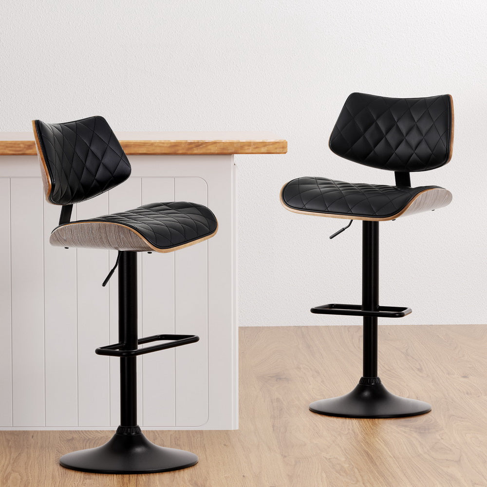 4x Bar Stools | Kitchen Dining Chairs | Gas Lift Stool | Wooden Leather | Black