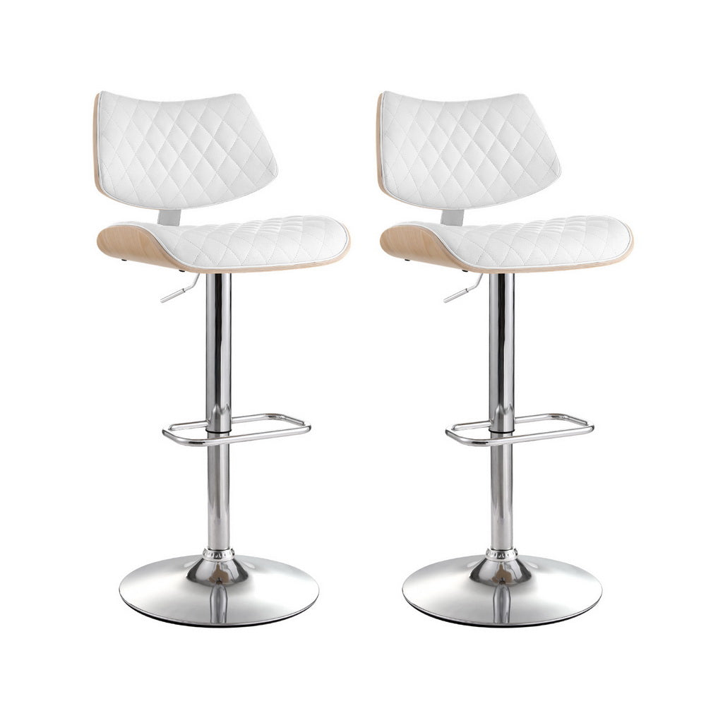 2x Bar Stools | Kitchen Dining Chairs | Gas Lift Stool | Wooden Leather | White