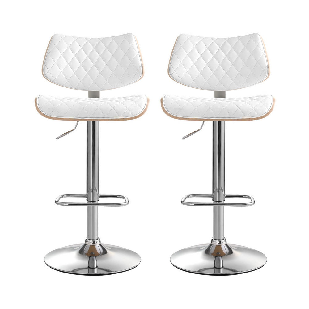 2x Bar Stools | Kitchen Dining Chairs | Gas Lift Stool | Wooden Leather | White