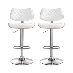 2x Bar Stools | Kitchen Dining Chairs | Gas Lift Stool | Wooden Leather | White