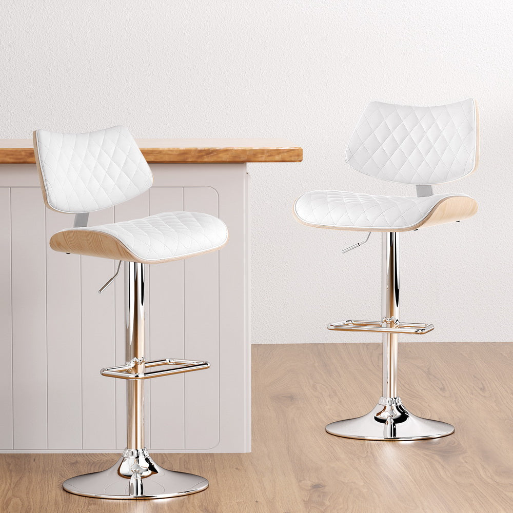 2x Bar Stools | Kitchen Dining Chairs | Gas Lift Stool | Wooden Leather | White