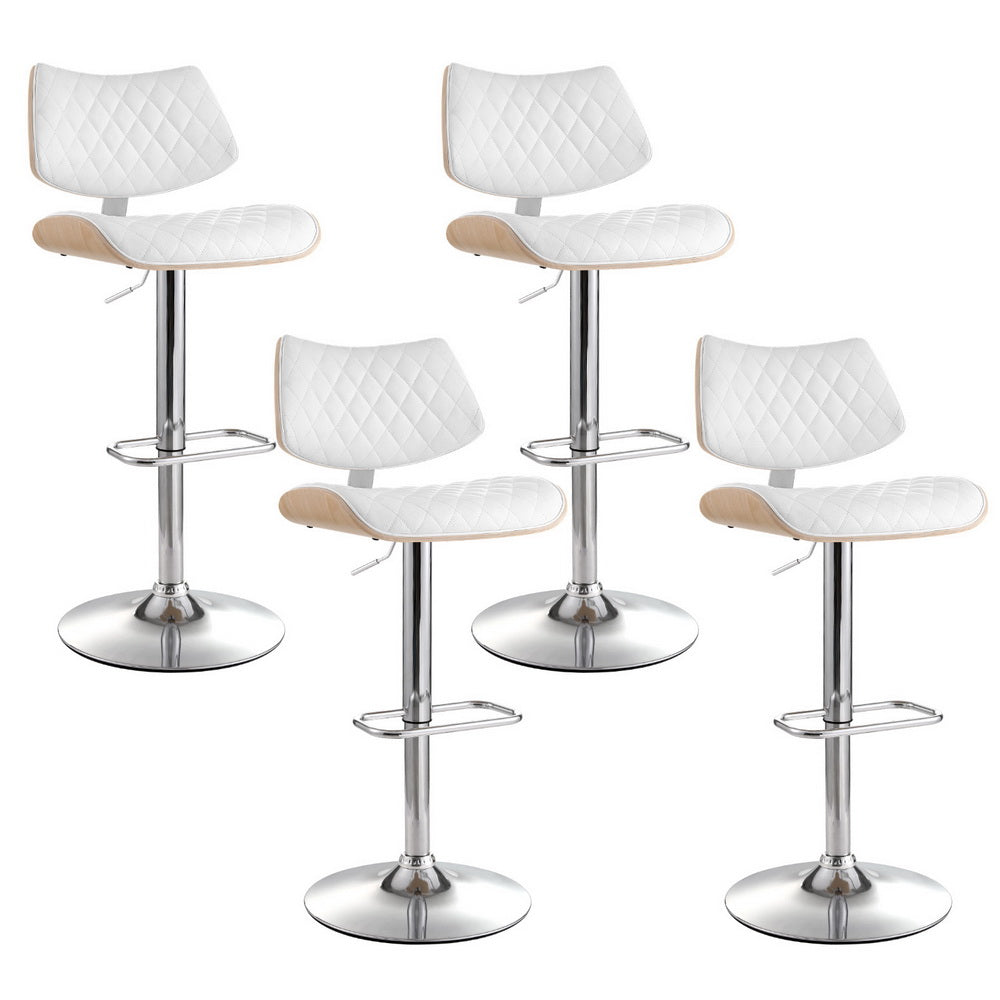 4x Bar Stools | Kitchen Dining Chairs | Gas Lift Stool | Wooden Leather | White