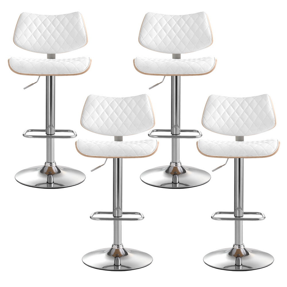 4x Bar Stools | Kitchen Dining Chairs | Gas Lift Stool | Wooden Leather | White