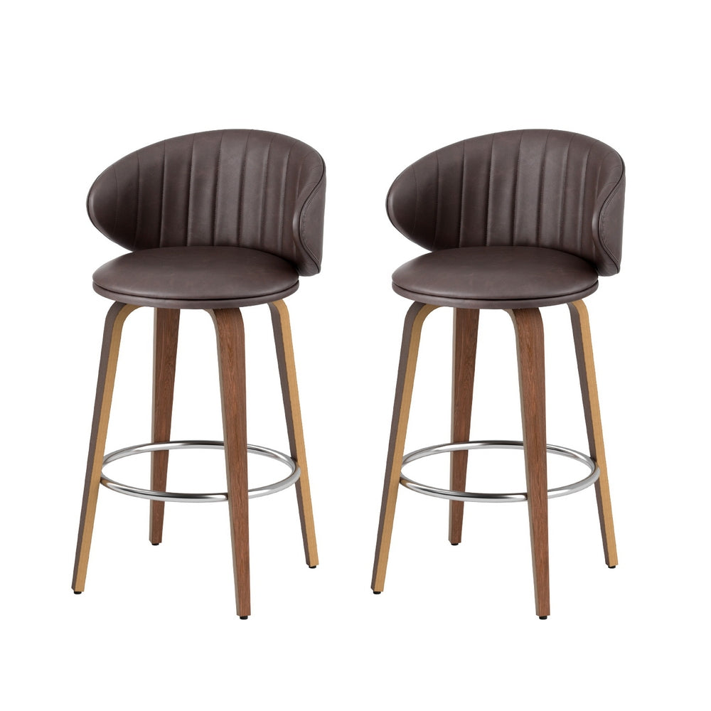 2x Artiss Bar Stools | Dining Chairs | Contoured Leather | Wood Stool | Adjustable Height
