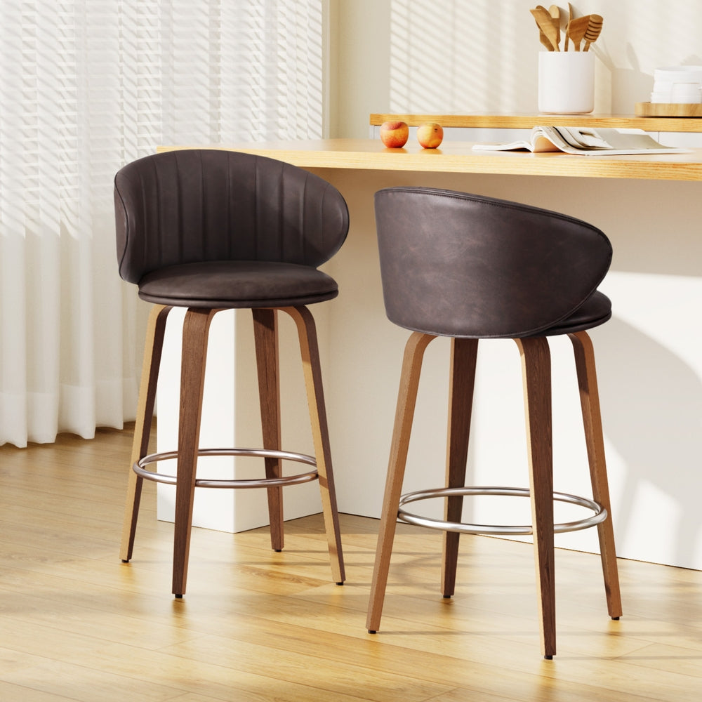 2x Artiss Bar Stools | Dining Chairs | Contoured Leather | Wood Stool | Adjustable Height