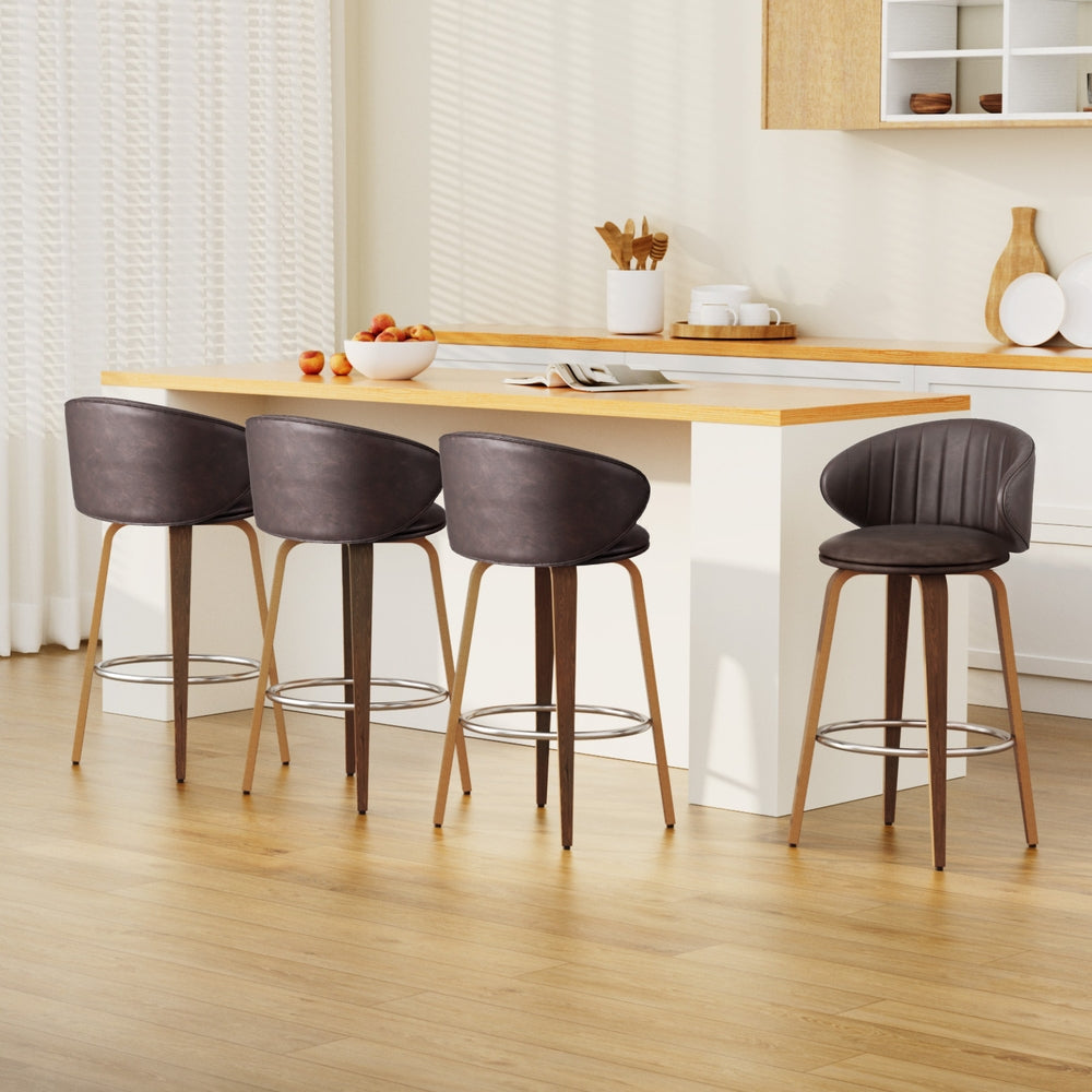 4x Artiss Bar Stools | Dining Chairs | Contoured Leather | Wood Stool | Adjustable Height
