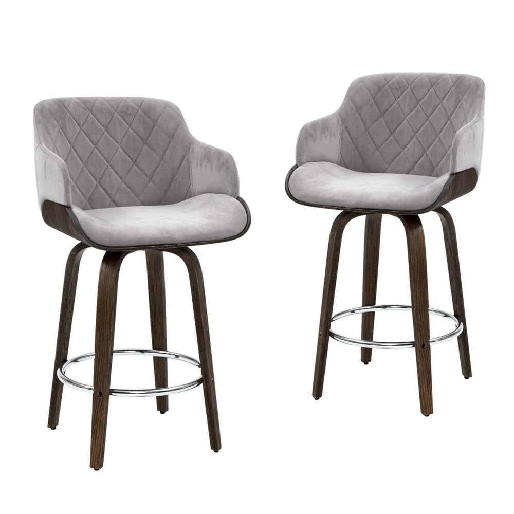 4x Bar Stools | Swivel | Velvet Padded | Wooden