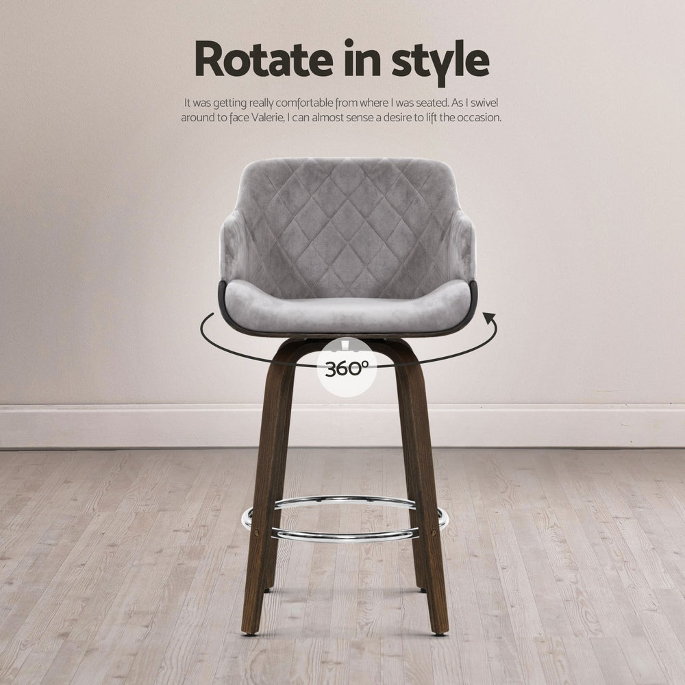 4x Bar Stools | Swivel | Velvet Padded | Wooden