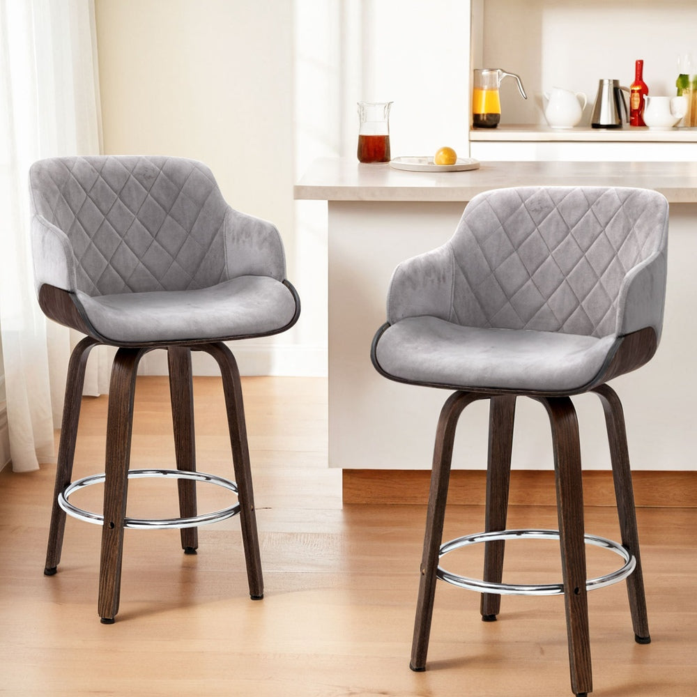 4x Bar Stools | Swivel | Velvet Padded | Wooden