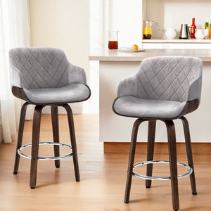 4x Bar Stools | Swivel | Velvet Padded | Wooden
