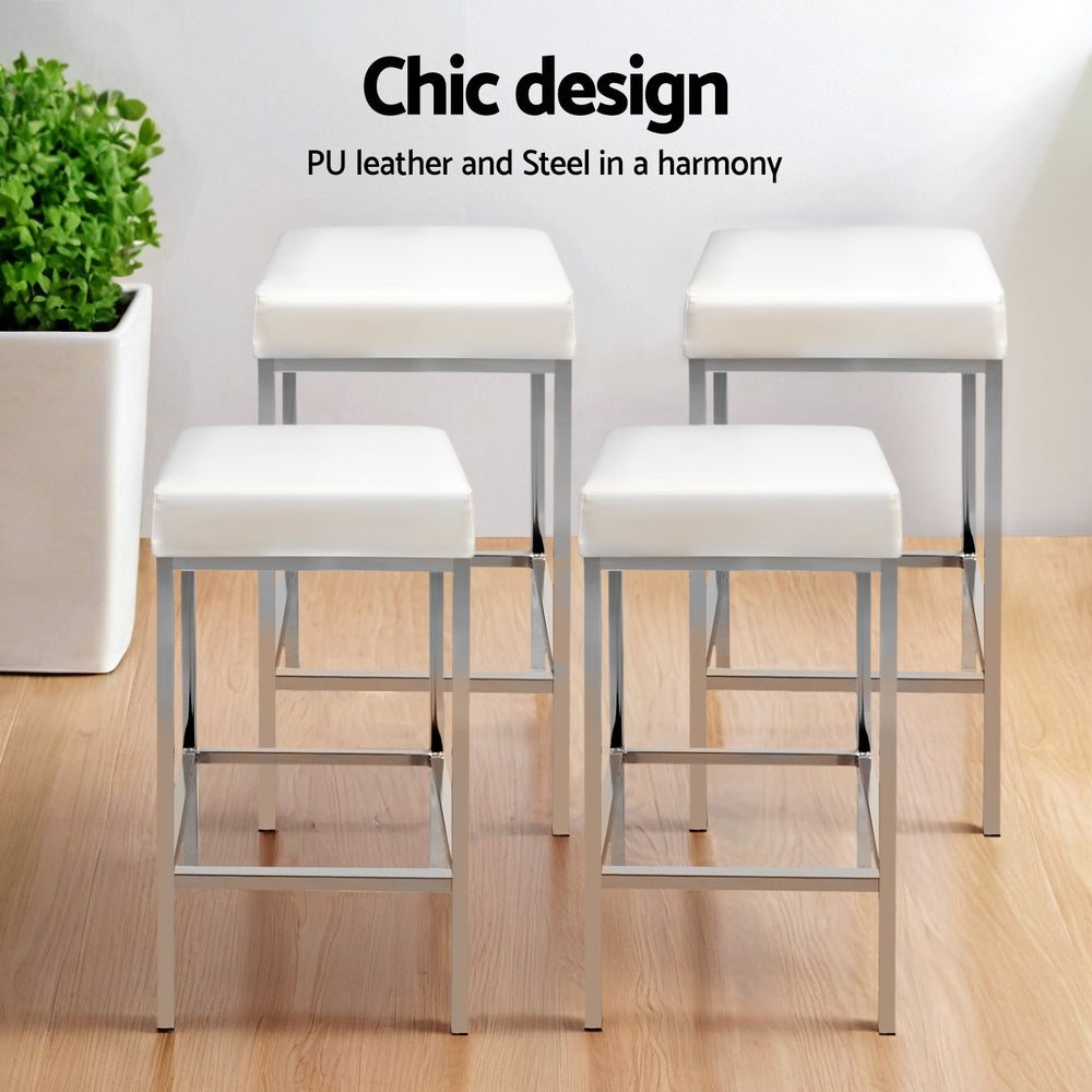 4x Bar Stools | Leather Padded | Metal Frame | White