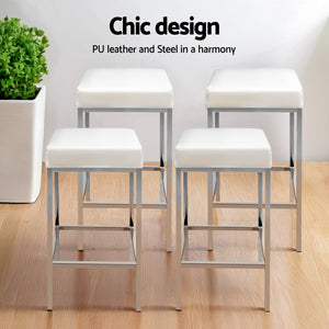 4x Bar Stools | Leather Padded | Metal Frame | White