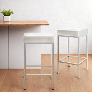 4x Bar Stools | Leather Padded | Metal Frame | White