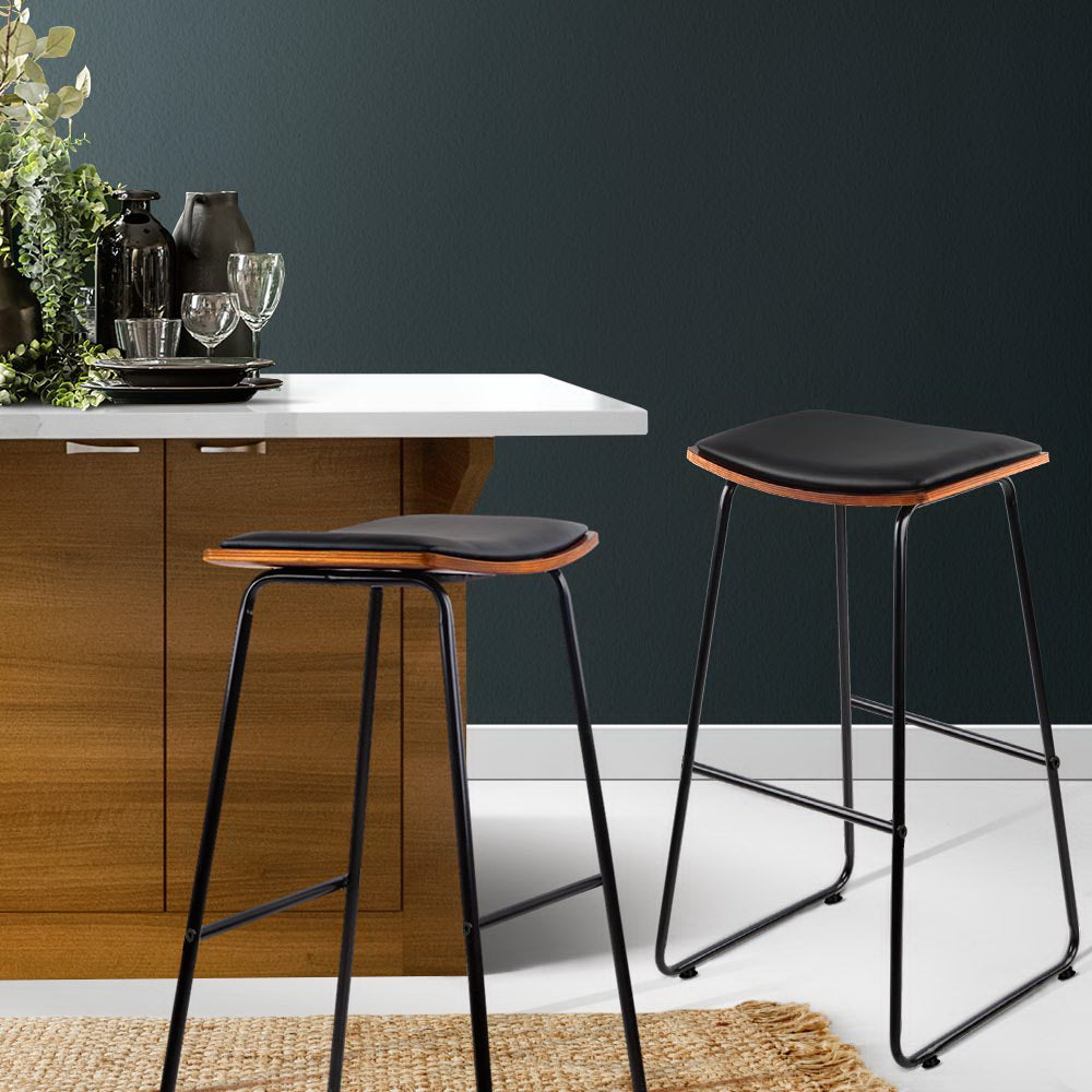 4x Bar Stools | Leather Padded | Metal Frame