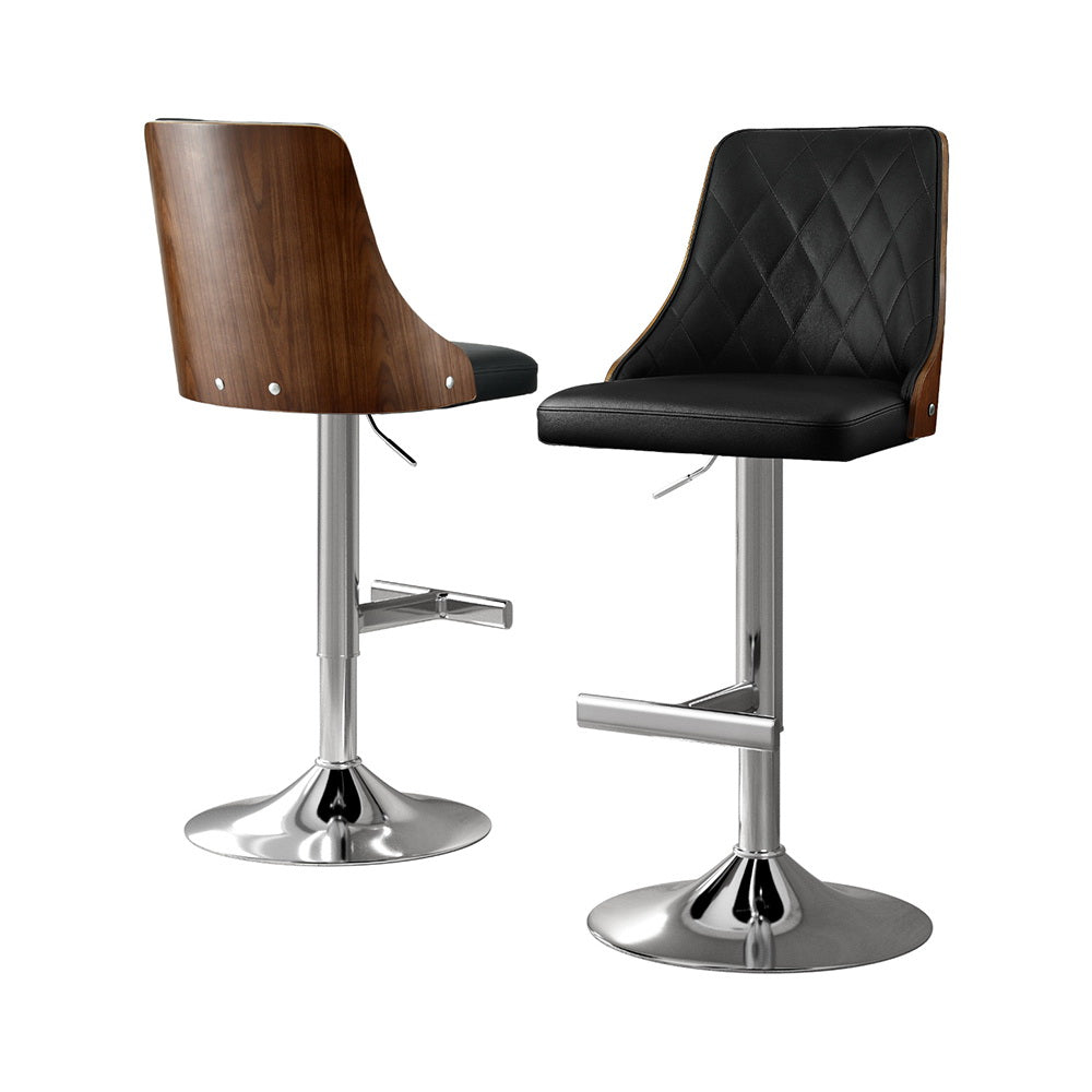 Bar Stools 2pc | Wooden Swivel Adjustable Kitchen Counter Chairs | Leather Black