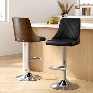 Bar Stools 2pc | Wooden Swivel Adjustable Kitchen Counter Chairs | Leather Black
