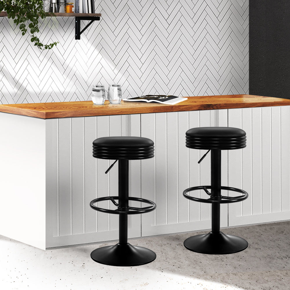 2x Bar Stools | Leather Padded | Gas Lift | Black