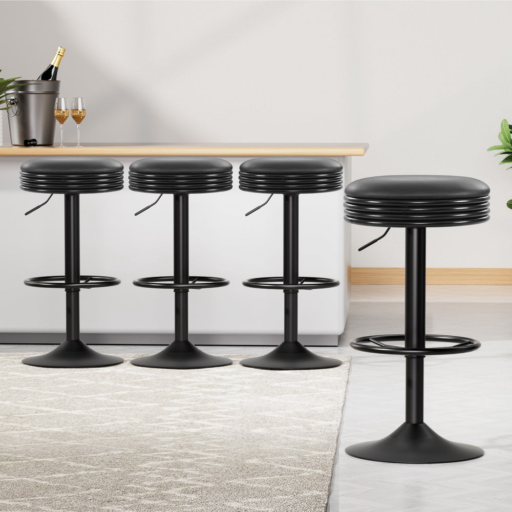 4x Bar Stools | Leather Padded | Gas Lift | Black Finish
