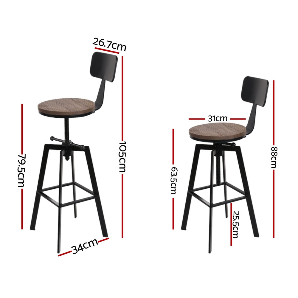 4x Bar Stools | Kitchen Dining Chairs | Adjustable Wood Stool | With Backrest