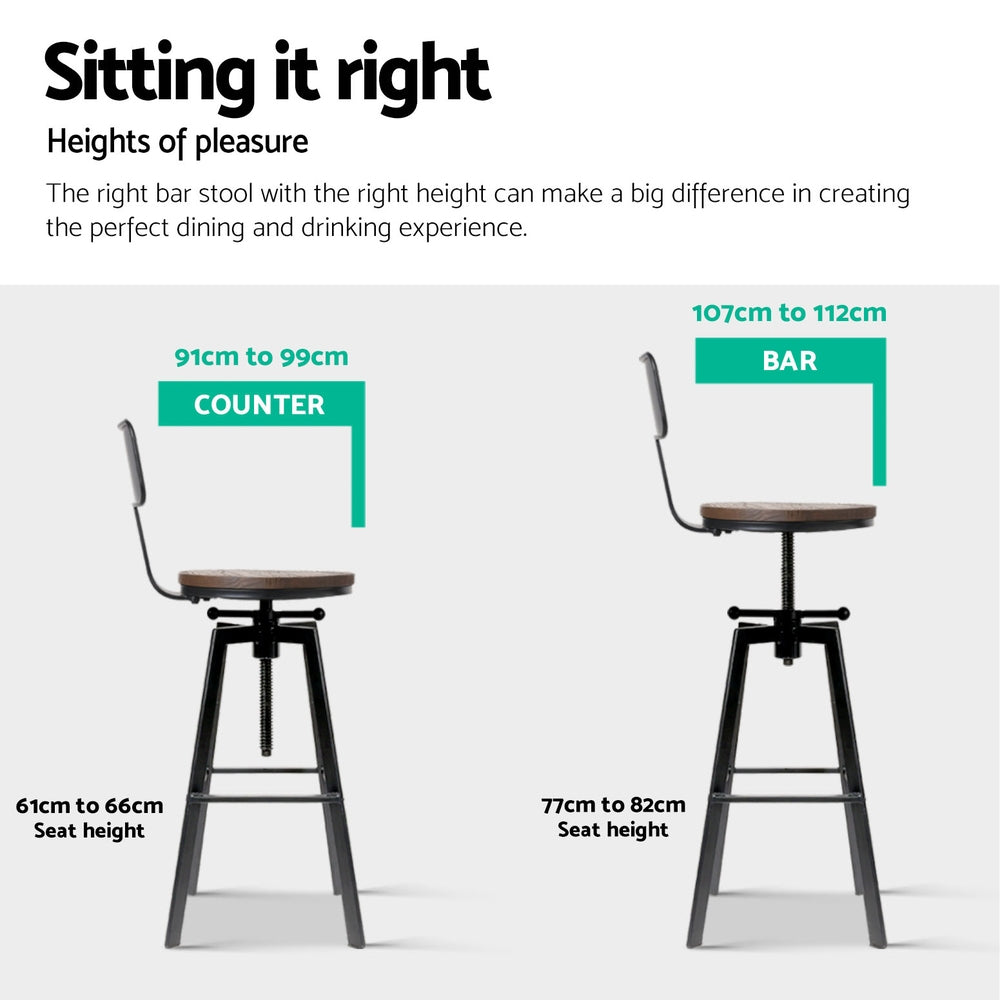 4x Bar Stools | Kitchen Dining Chairs | Adjustable Wood Stool | With Backrest