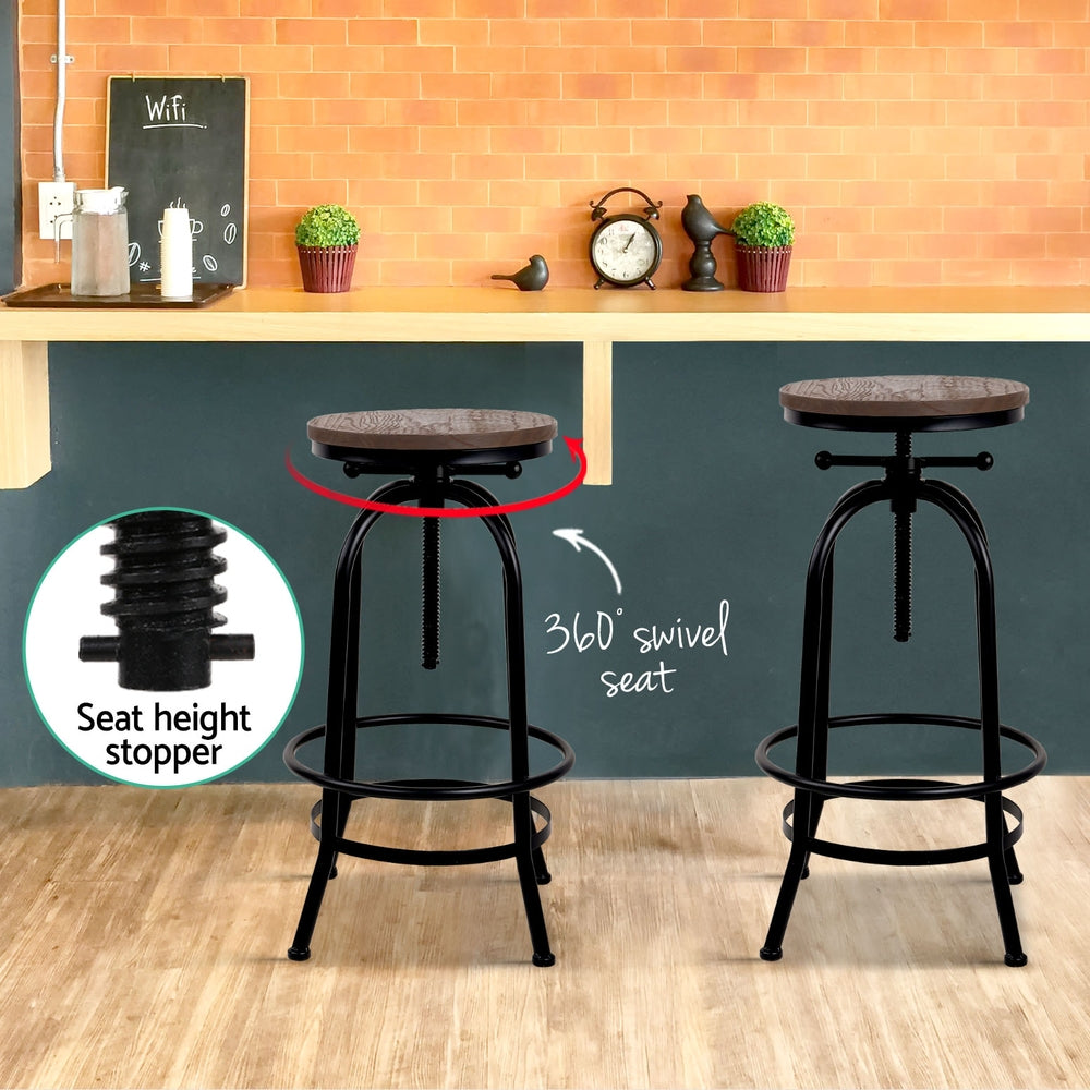4x Bar Stools | Kitchen Dining Chairs | Adjustable Wooden Vintage Stool