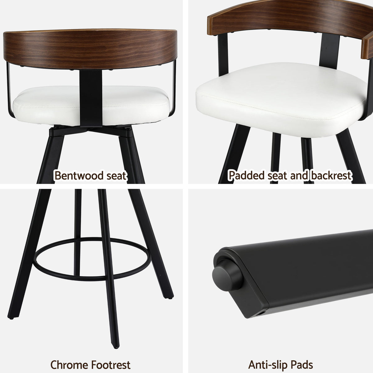 Bar Stool | Swivel | Bentwood Seat | Metal Legs | White PU