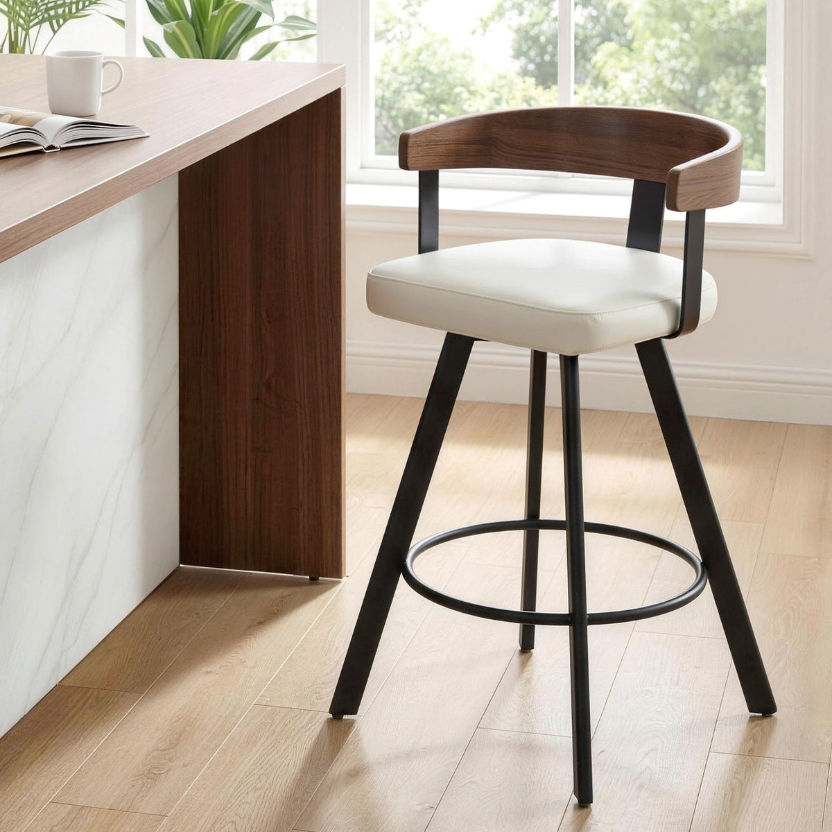 Bar Stool | Swivel | Bentwood Seat | Metal Legs | White PU