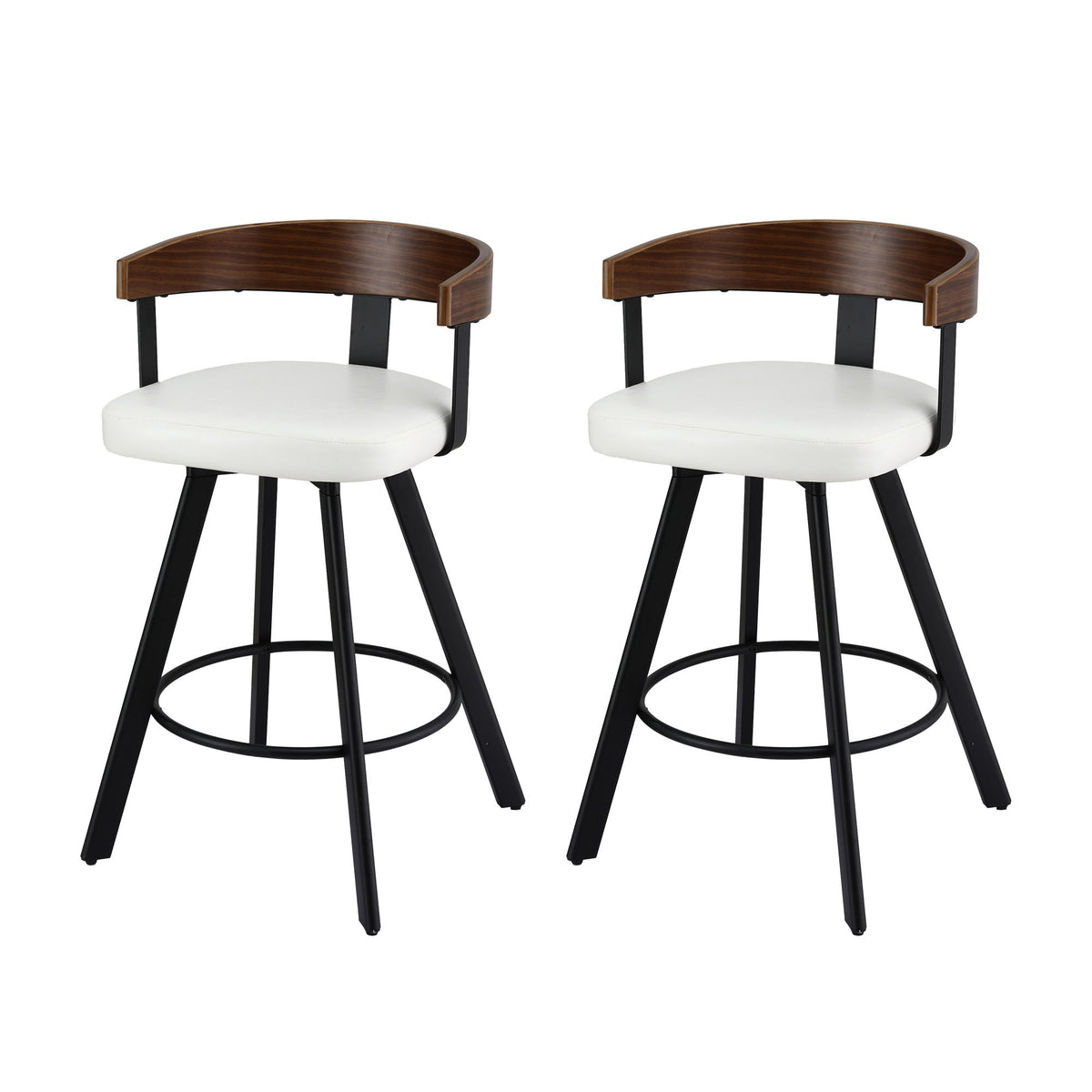 Bar Stools Set of 2 | Swivel | Bentwood Seat | Metal Legs | White PU