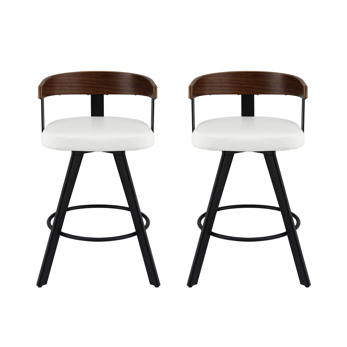 Bar Stools Set of 2 | Swivel | Bentwood Seat | Metal Legs | White PU