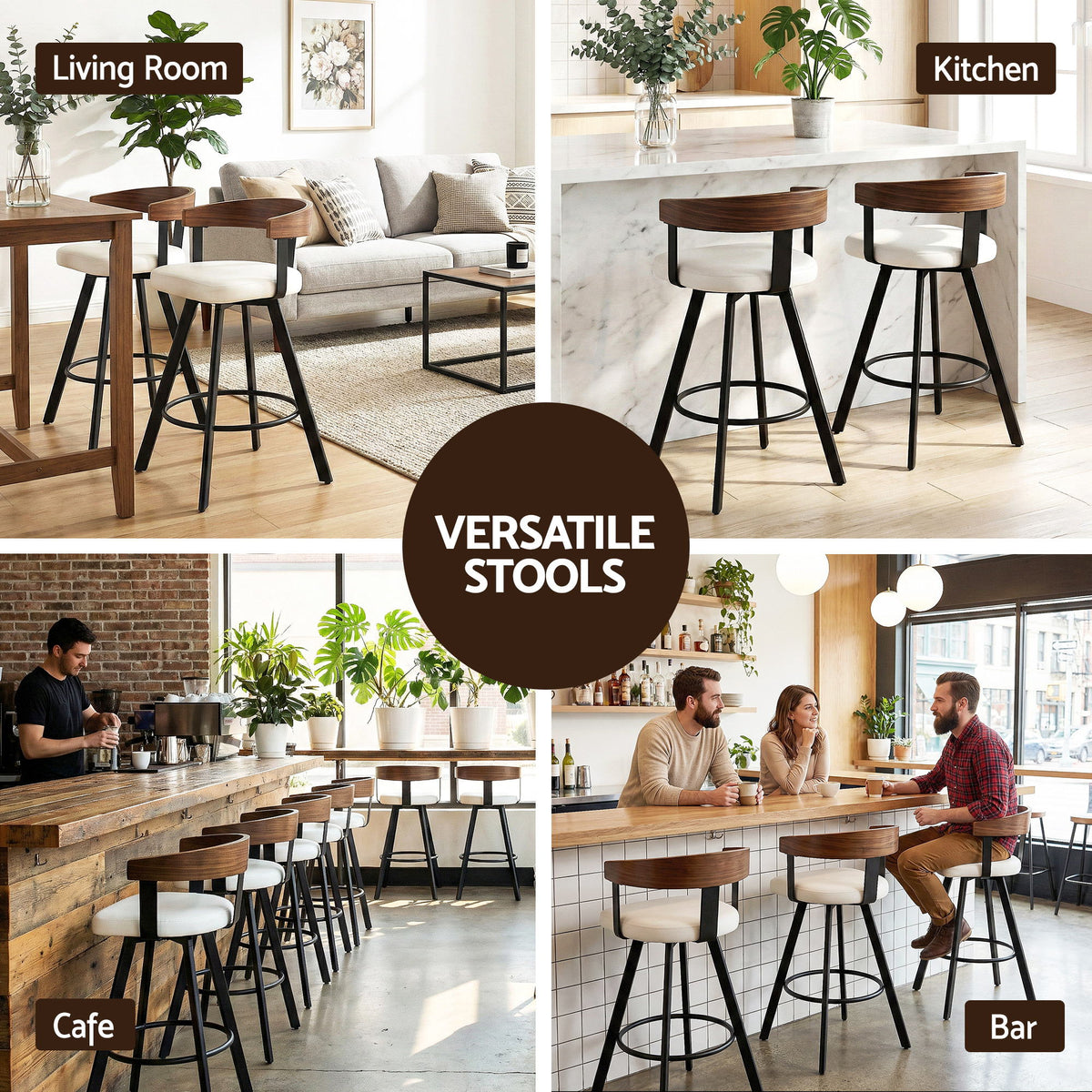 Bar Stools Set of 2 | Swivel | Bentwood Seat | Metal Legs | White PU