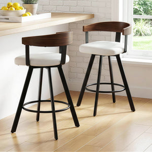Bar Stools Set of 2 | Swivel | Bentwood Seat | Metal Legs | White PU