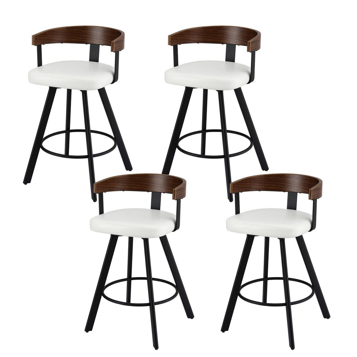 Bar Stools Set of 4 | Swivel | Bentwood Seat | Metal Legs | White PU