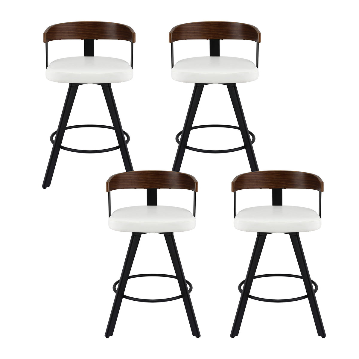 Bar Stools Set of 4 | Swivel | Bentwood Seat | Metal Legs | White PU