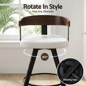 Bar Stools Set of 4 | Swivel | Bentwood Seat | Metal Legs | White PU