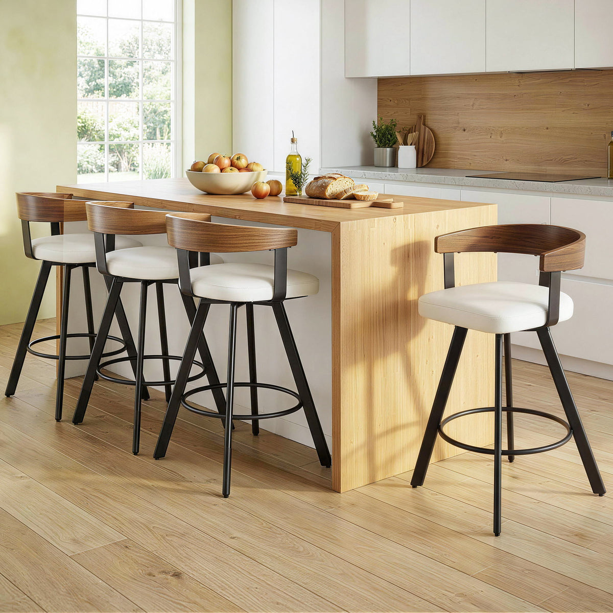 Bar Stools Set of 4 | Swivel | Bentwood Seat | Metal Legs | White PU